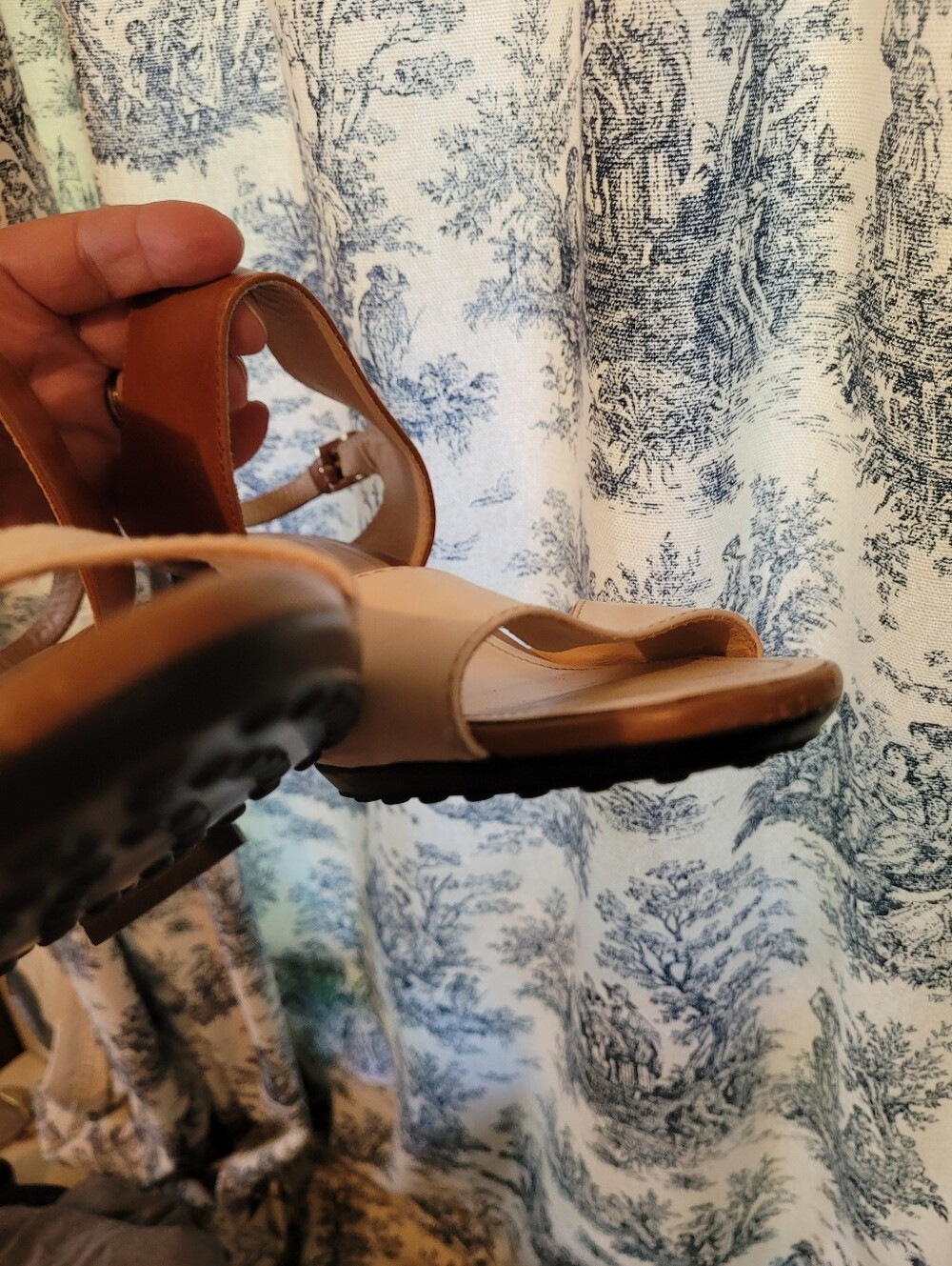 Tod's 41/10 Womens Neutral Two-Tone Block Heel Sandals - Brown & Cream - Picture 4 of 6